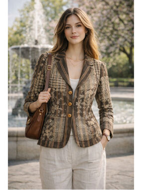 Burning Torch Blazer Women M Patchwork Linen Blend Boho Cottagecore Artsy Brown